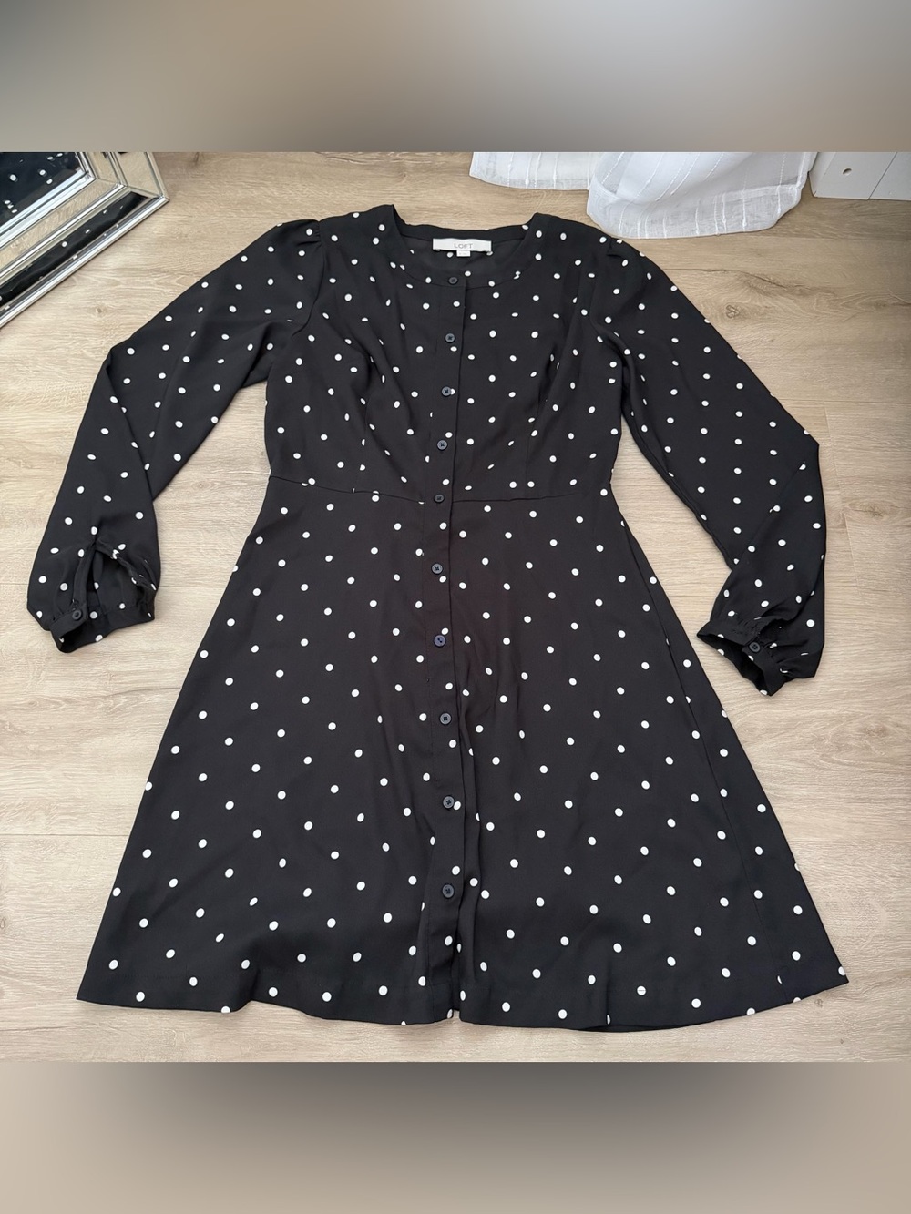 Loft black and white polka dot button-up knee-length dress